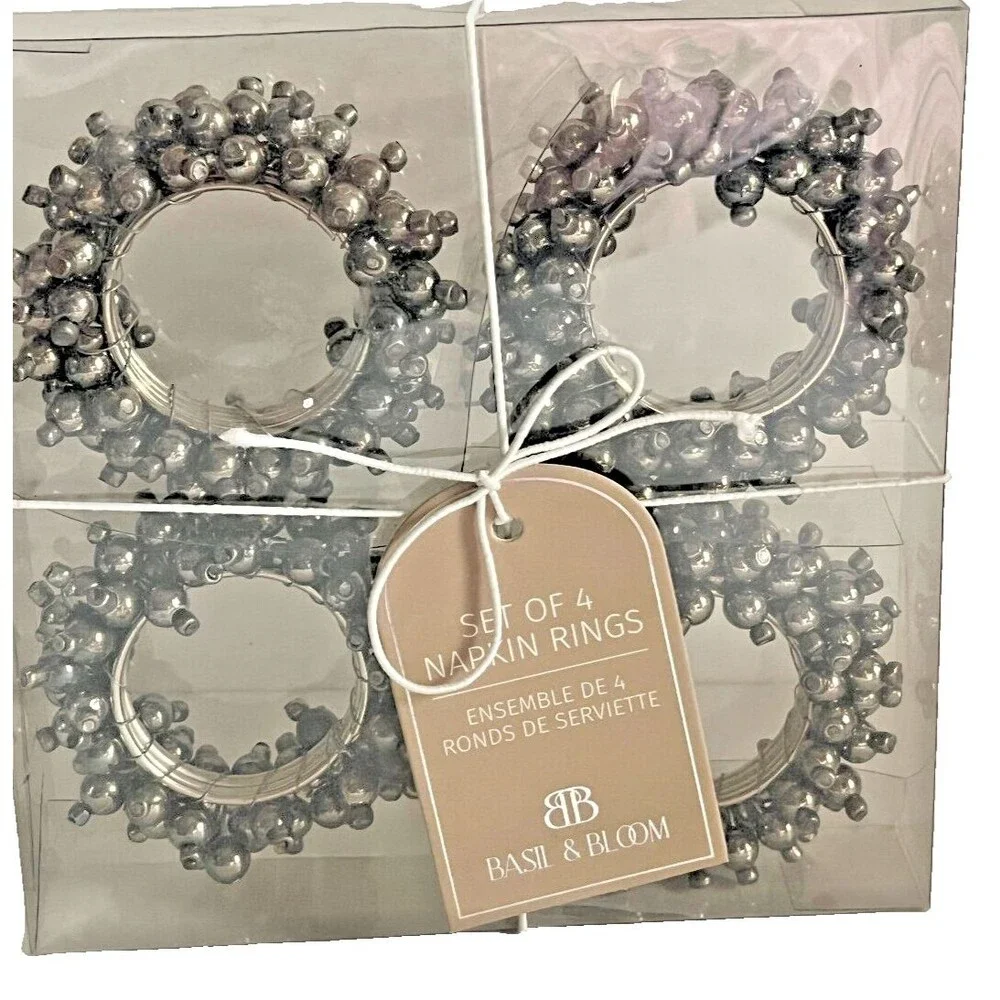 Basil & Bloom Stainless Steel Napkin Rings Beaded Dark Gray Iron Set of 4